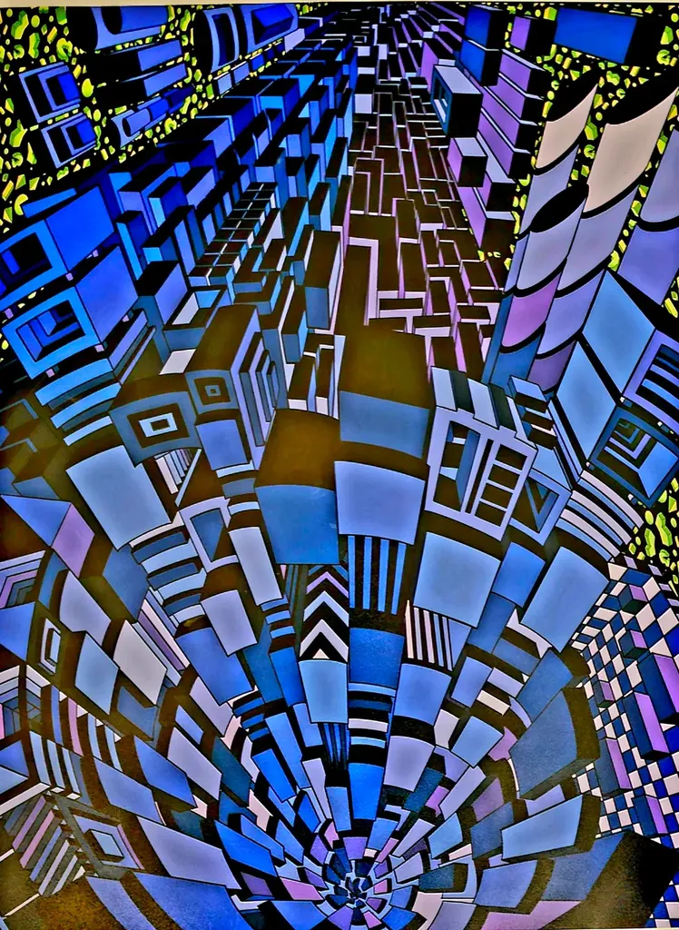 Geometric Depths, a vertical abstract painting by Gus Bradt