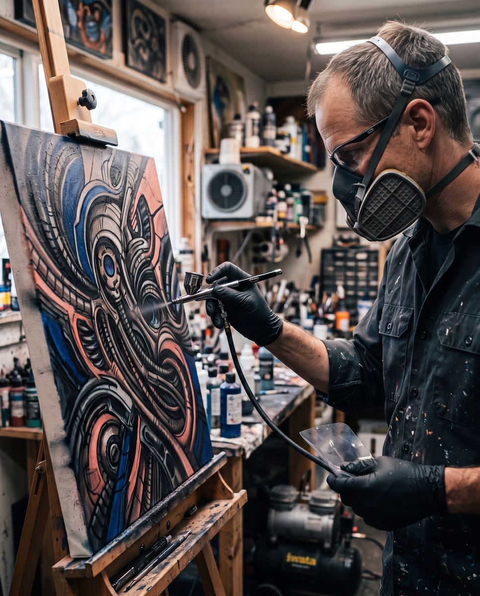 Gus Bradt creating detailed biomechanical airbrush artwork in his studio