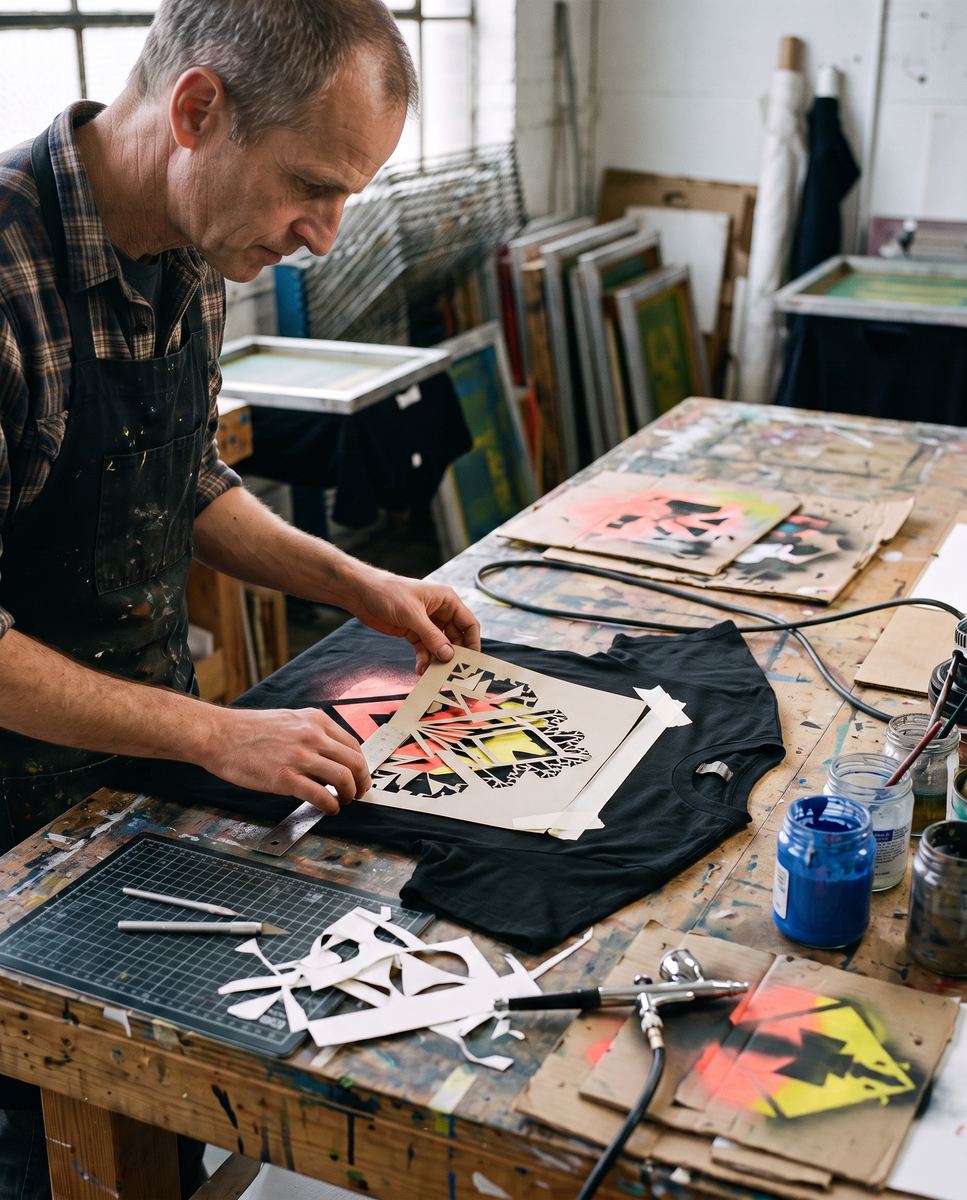 Gus Bradt airbrushing a geometric stencil onto a black cotton T-shirt