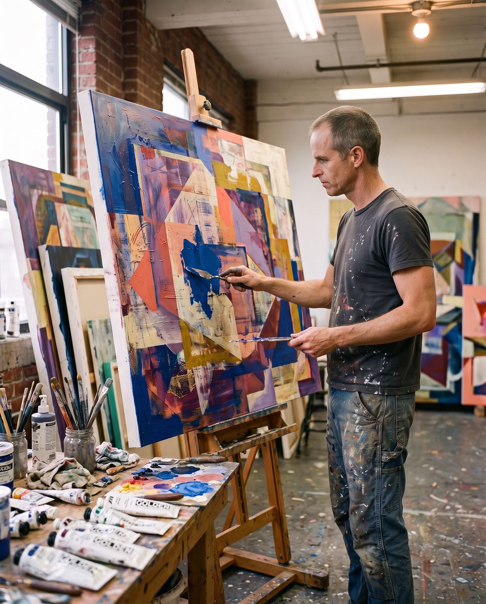 Gus Bradt painting a large abstract acrylic canvas in his studio