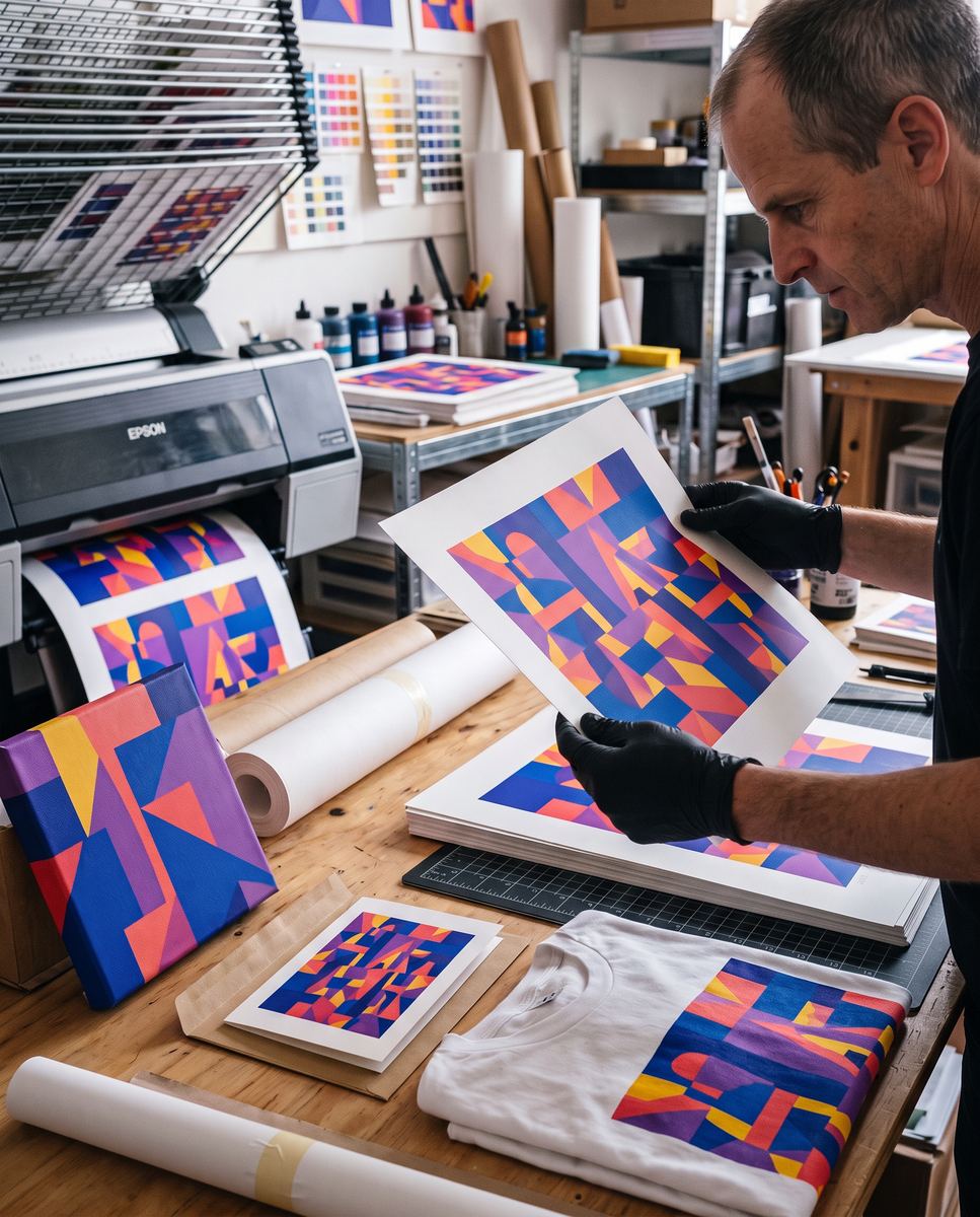 Gus Bradt inspecting a vivid fine art print beside a professional pigment printer
